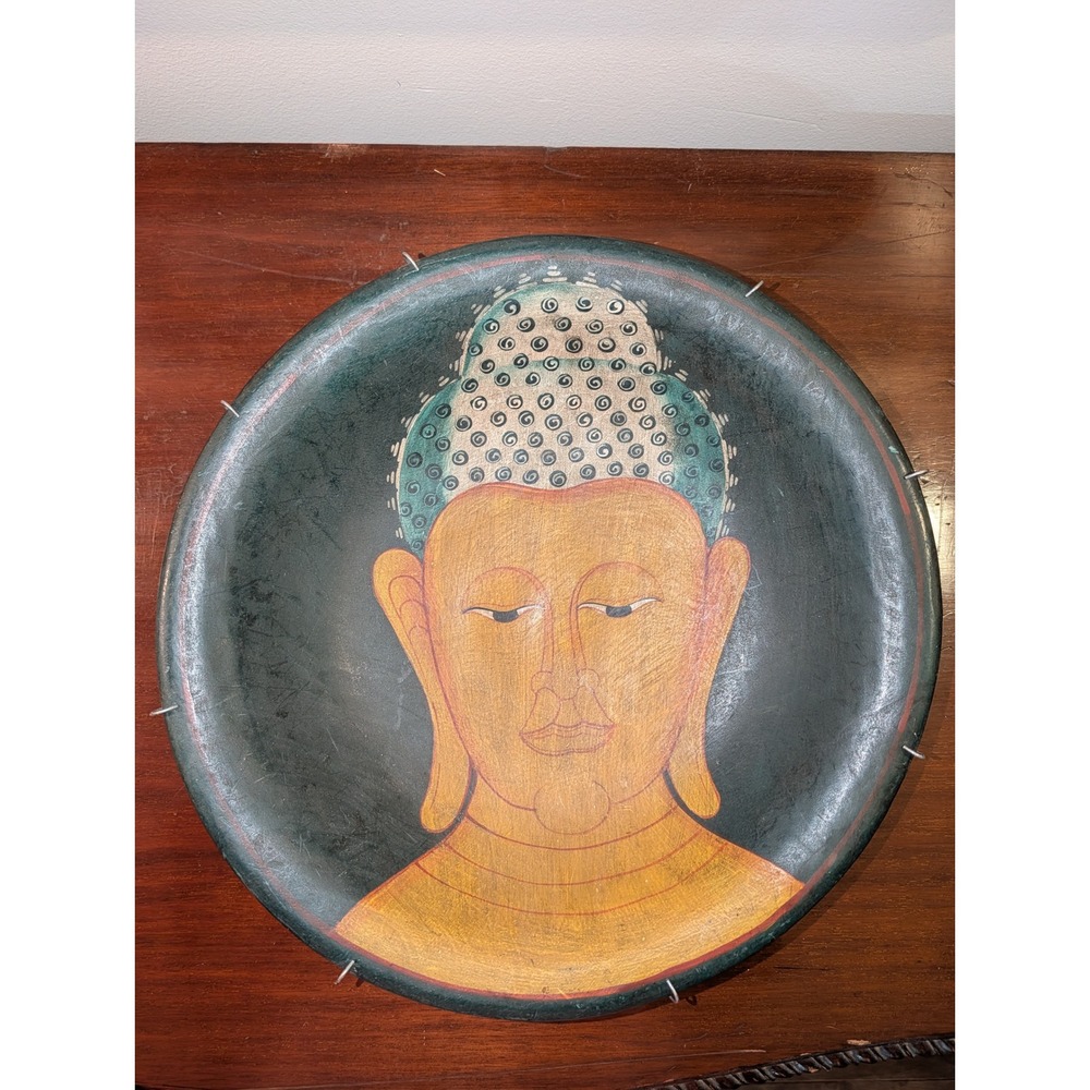 Hand Painted Buddha Wooden Decorative Bowl Wall Plate Thailand Asian Folk Art